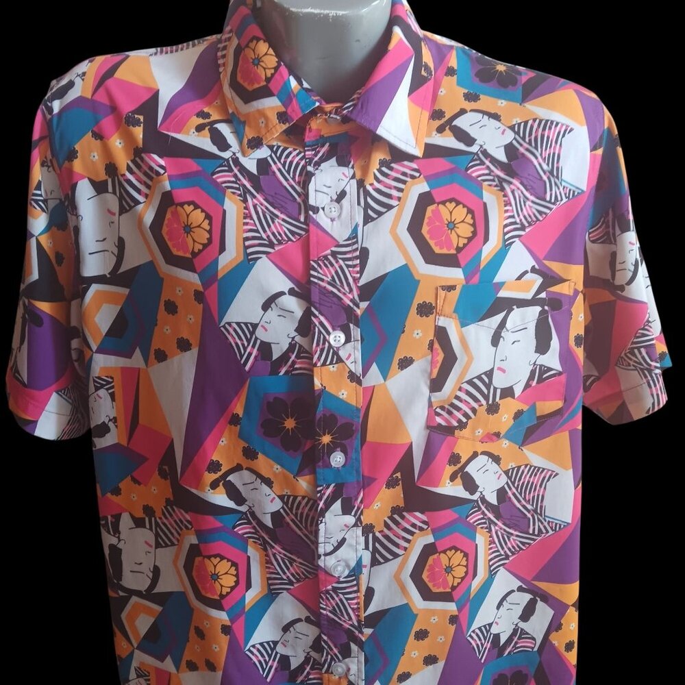 Men's XL Samurai Japanese Print Shirt Short Sleeve Abstract Just Attitude
